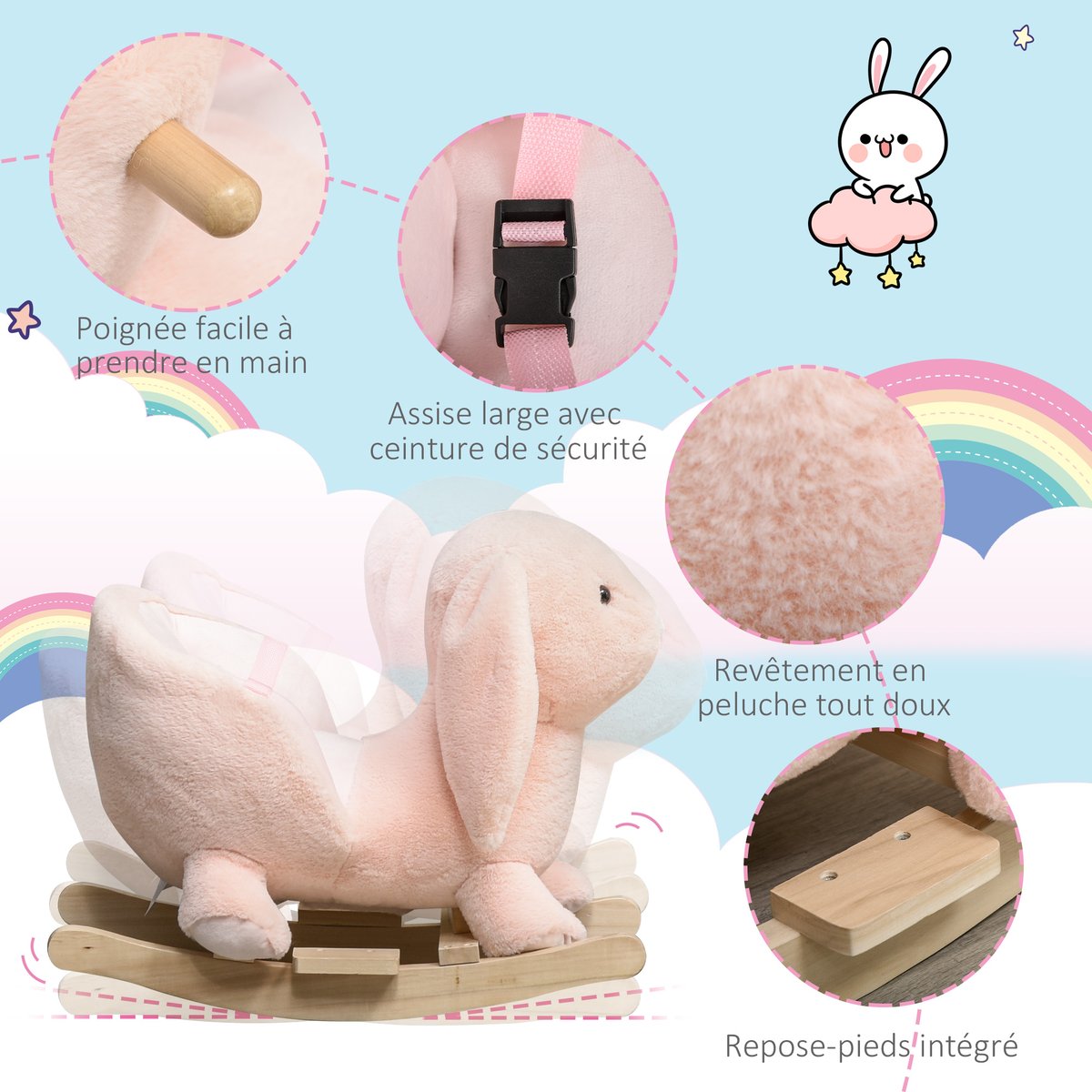Cheval à bascule pour enfants peluche Rose rose, HOMCOM