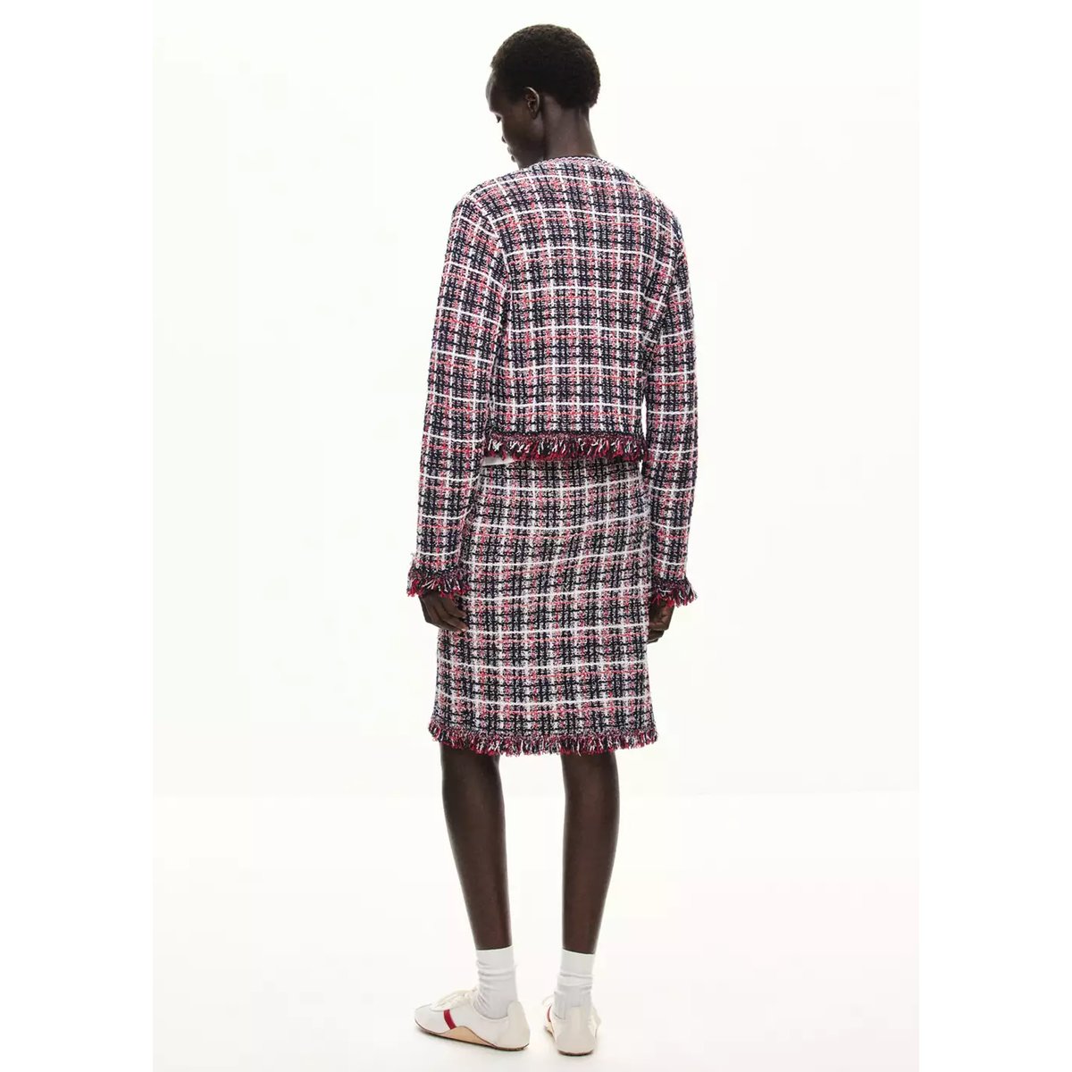 Veste en tweed à carreaux avec franges bleu marine, MANGO