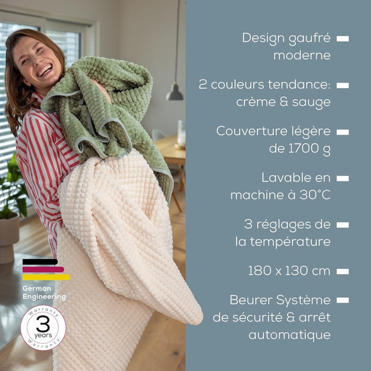 Couverture Chauffante - HD 72 Waffle Verte couleur unique, BEURER