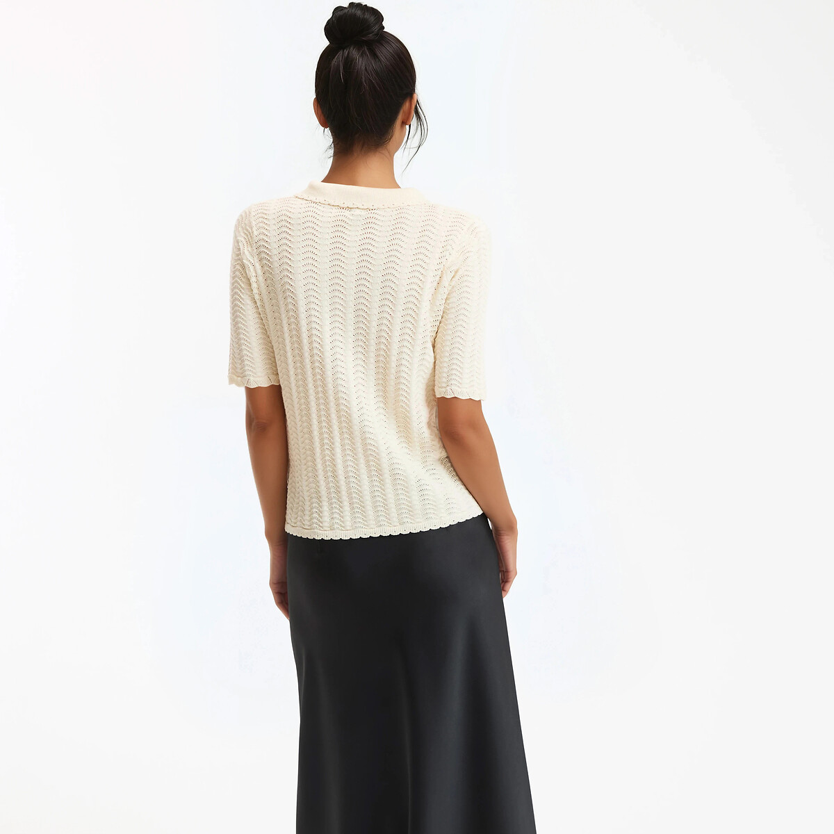 Pull col polo en coton, fine maille ajourée ivoire, LA REDOUTE COLLECTIONS