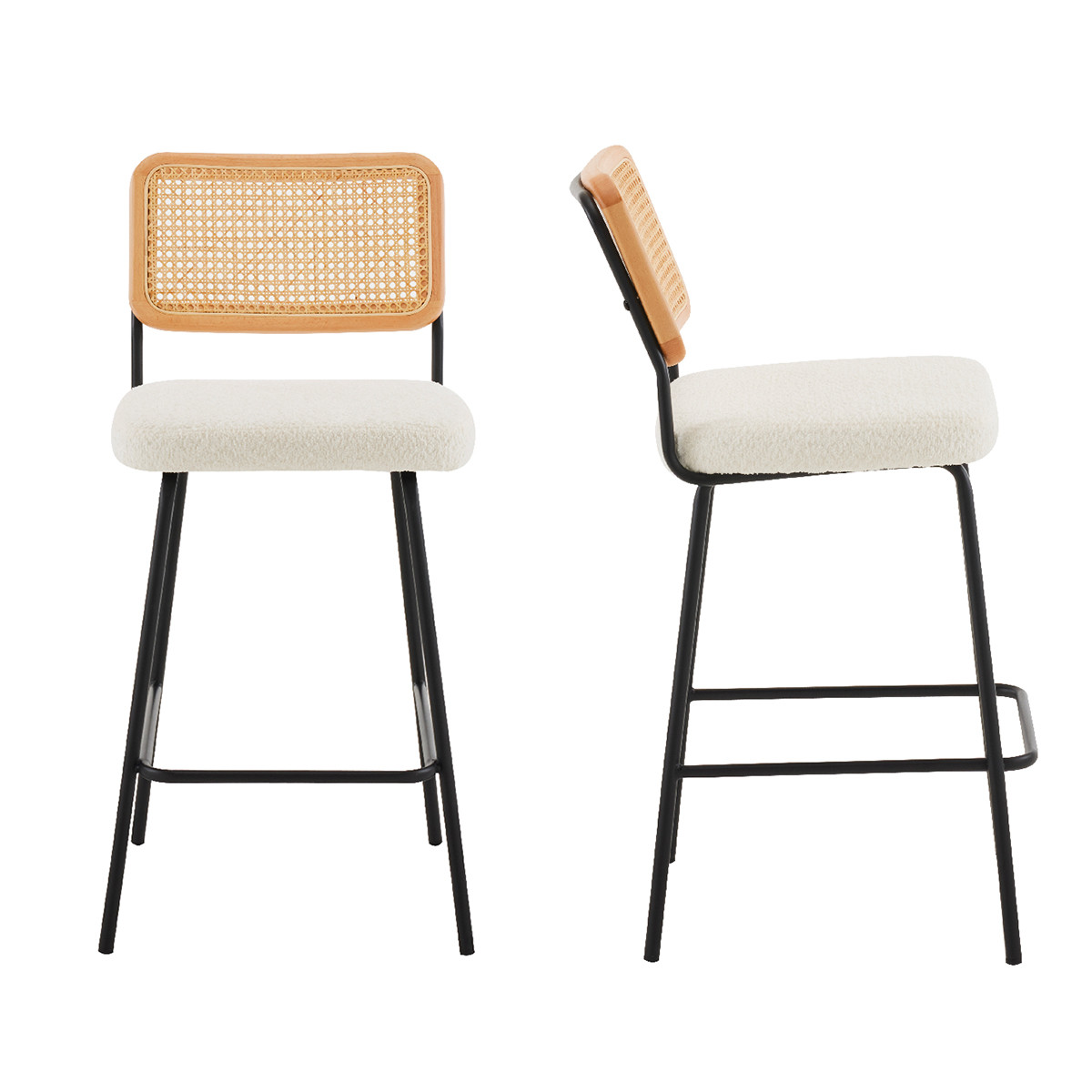Lot de 2 chaises de bar en cannage et tissu bouclé, piètement noir - MUSE beige, HOMIFAB