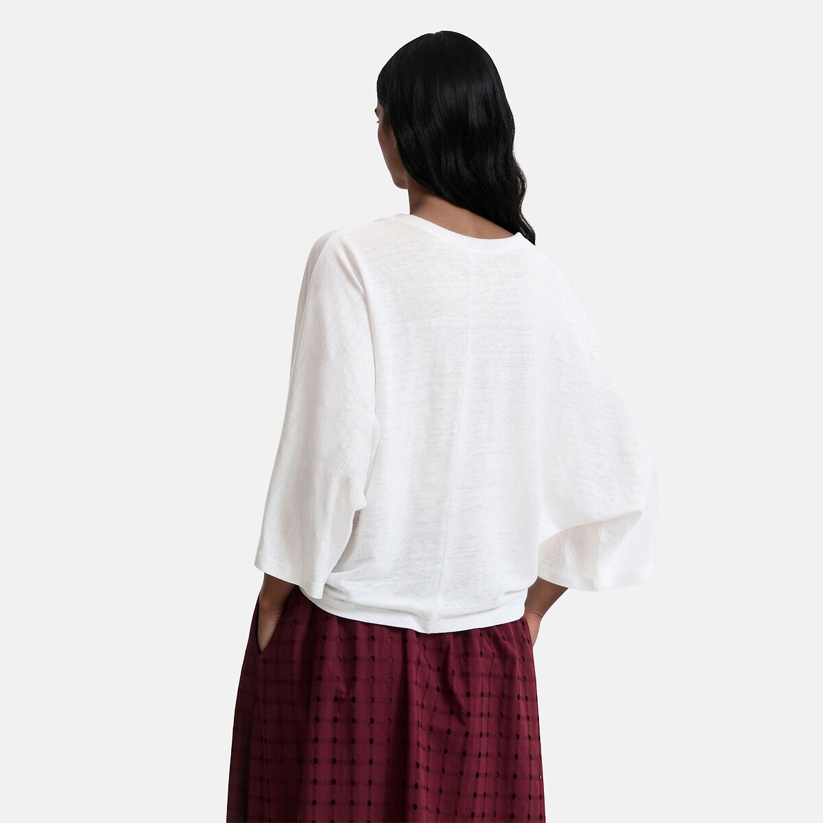 Linen Crew Neck Wide Sleeve T-Shirt white, LA REDOUTE COLLECTIONS