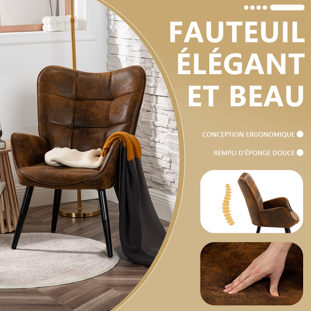 Fauteuil confortable bas style rétro vintage dossier moyen assise confortable pieds métal, KANAS marron, MEUBLES COSY