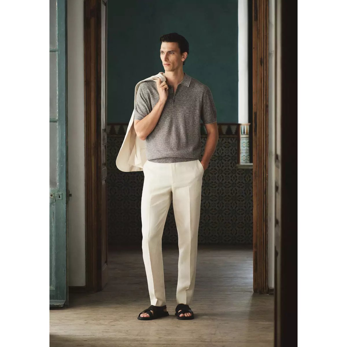 Sandales cuir lanières croisées noir, MANGO MAN
