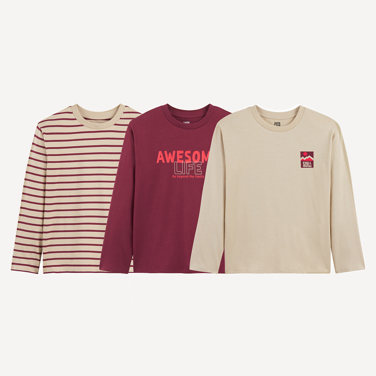 Lot de 3 T-shirts manches longues imprimés bordeaux + beige + rayé, LA REDOUTE COLLECTIONS
