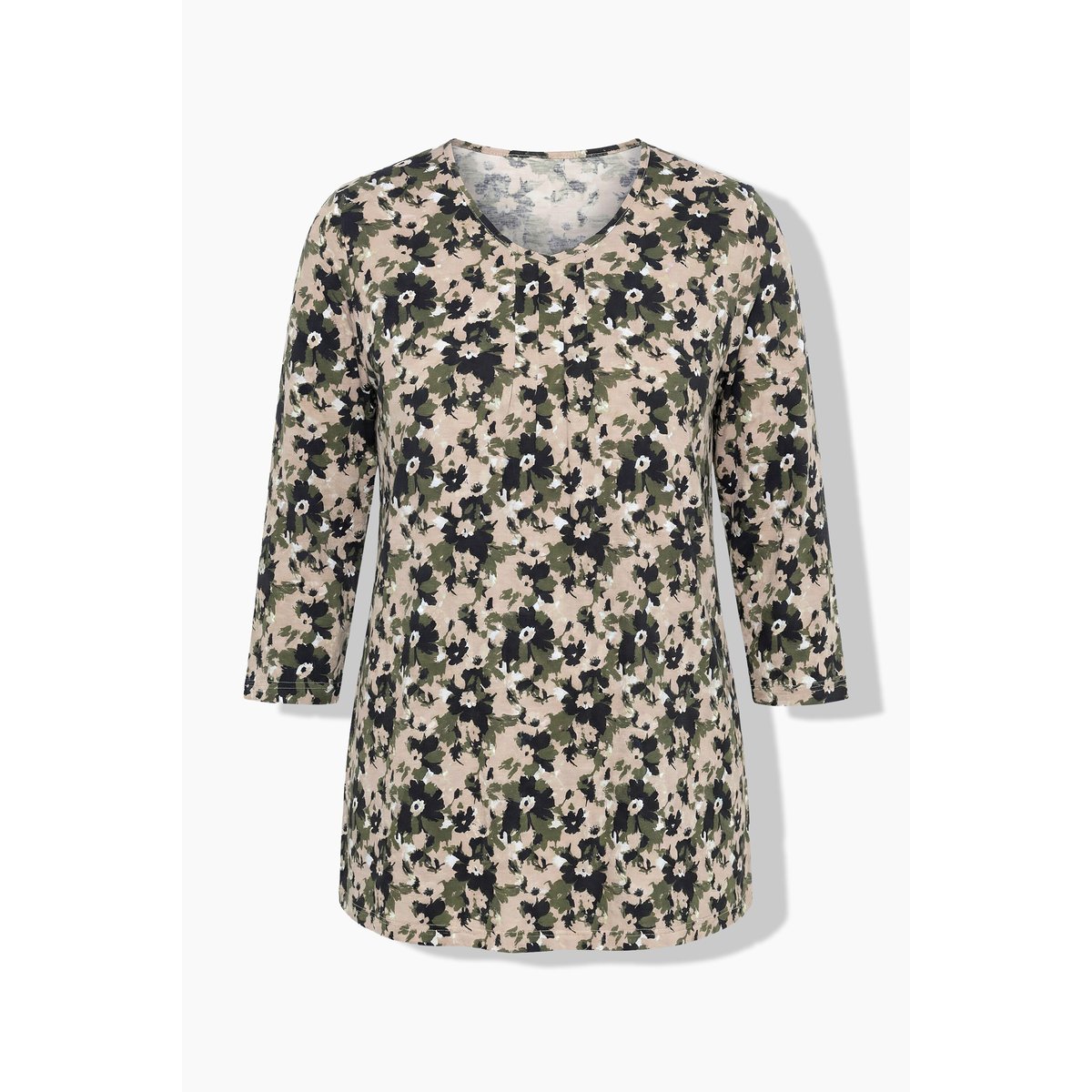 T-shirt à fleurs, plis fantaisie gris olive, ULLA POPKEN