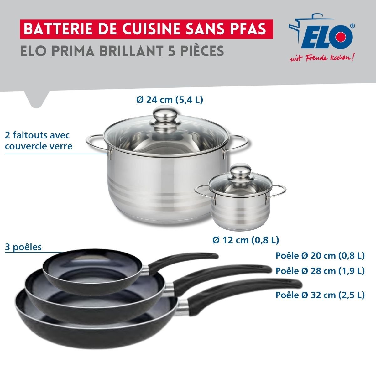 Batterie 3 poêles 20/28/32cm + 2 faitouts 12/24cm PRIMA BRILLANT noir, ELO