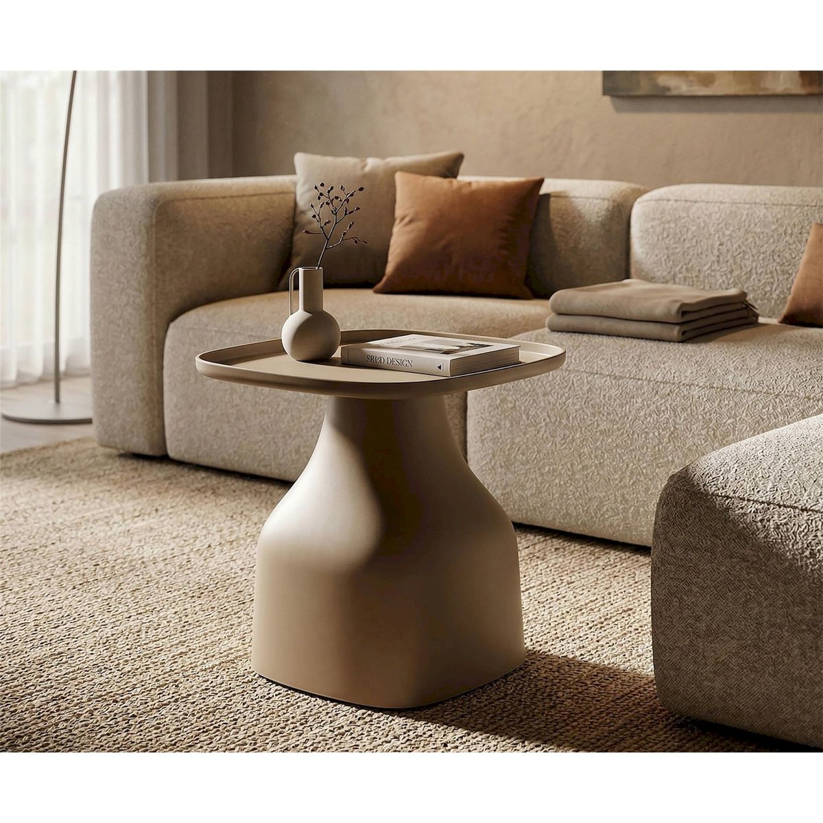 Table basse plateau carré base sculpturale MODERN gris, RECOLLECTION