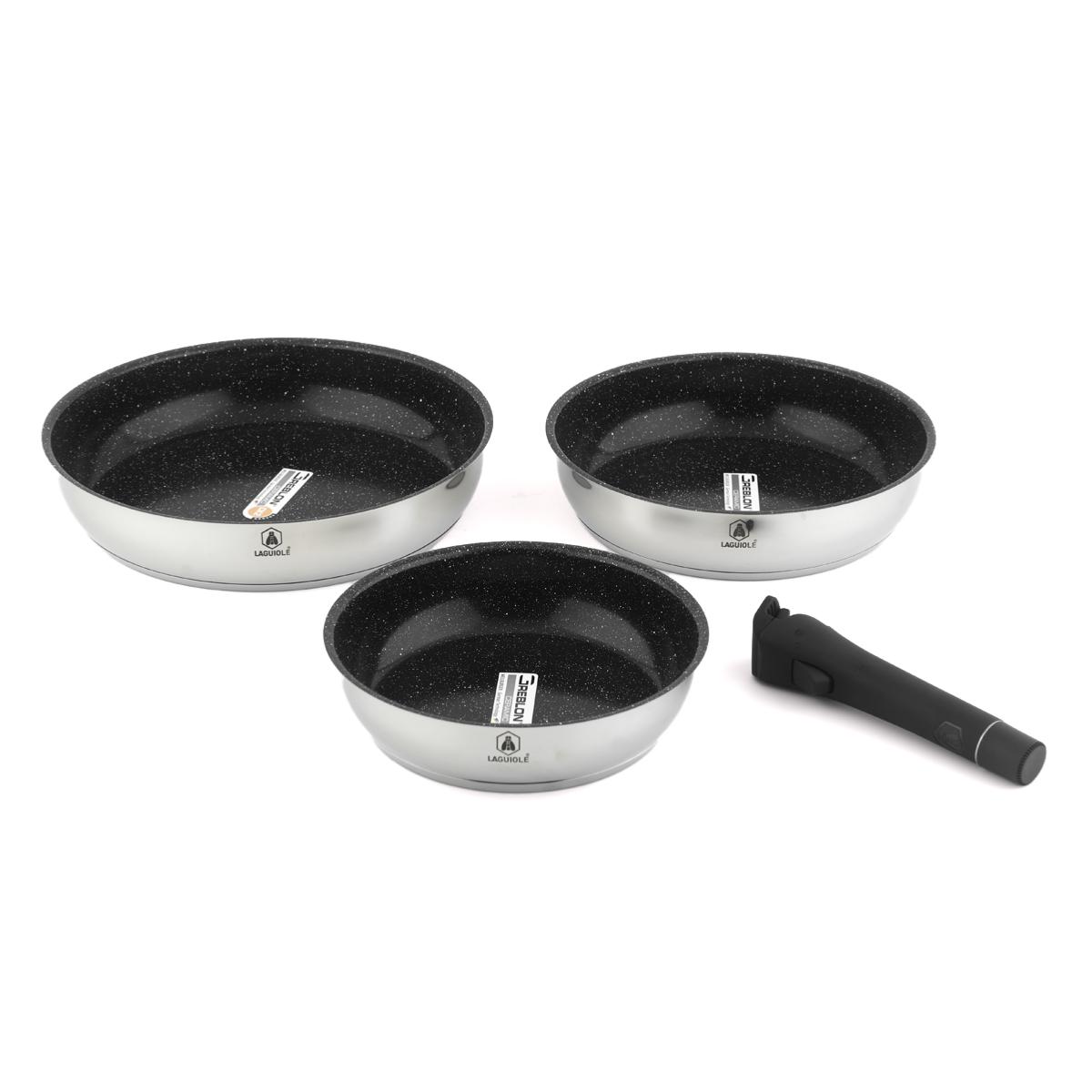 Set de 3 poêles inox amovible 20/24/28cm antiadhésif - "Réactif" couleur unique, LAGUIOLE CUISSON