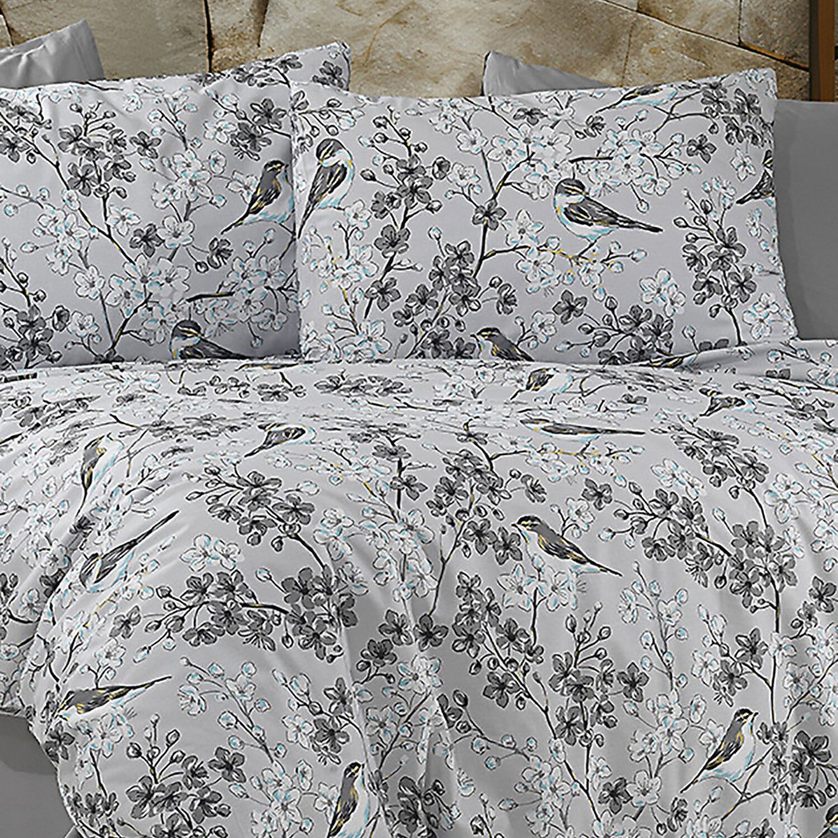 Paure de couette et tai(e) coton imprimé, petalia gris gris, C DESIGN HOME TEXTILE
