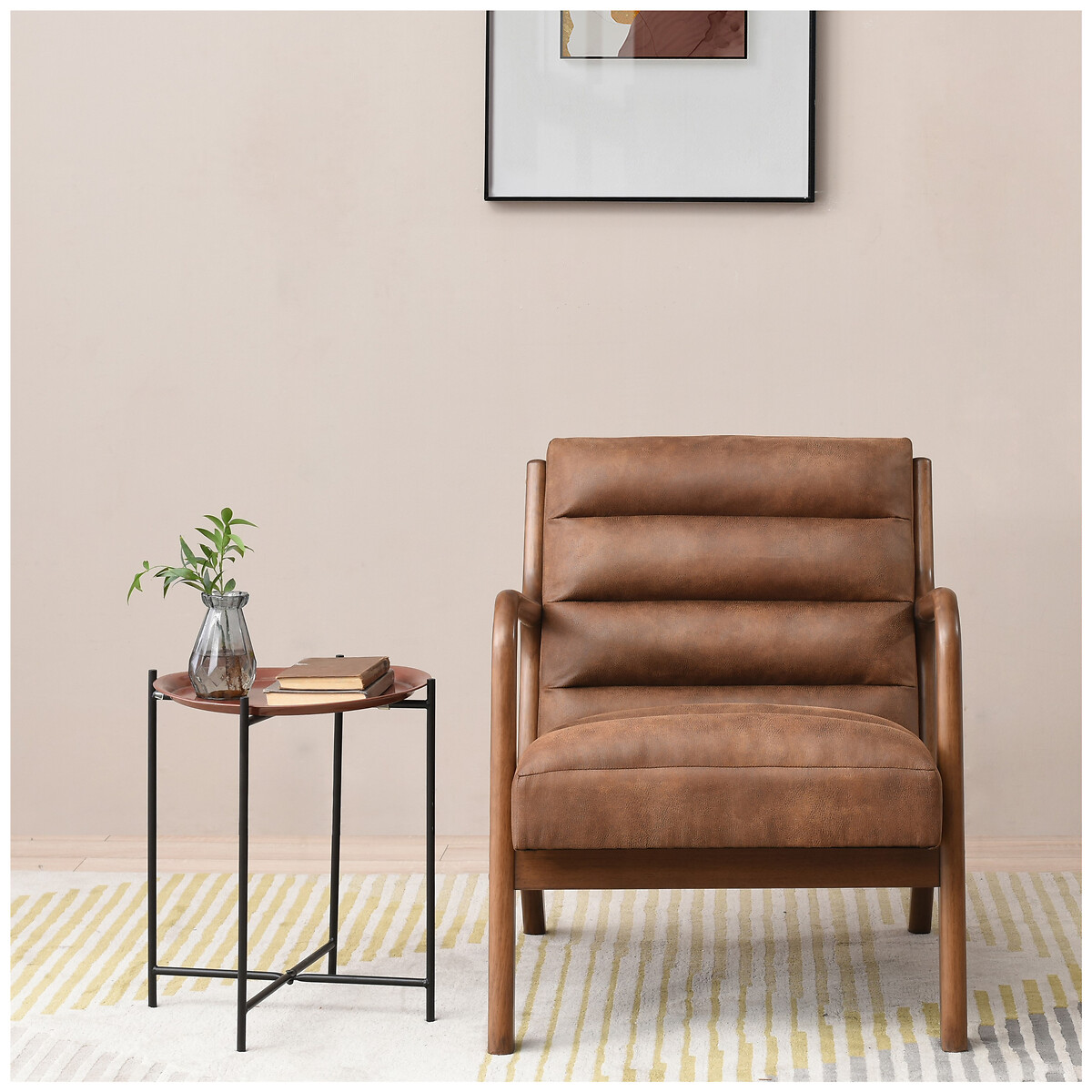 Ezra Faux Leather Ribbed Armchair brown              , SO'HOME