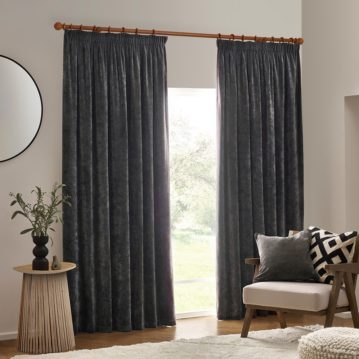 Heavy Chenille Velvet Room Darkening Pencil Pleat Curtains charcoal, YARD