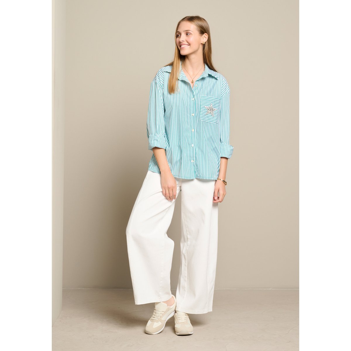 Chemise rayée détail étoile vert pomme, LOLALIZA
