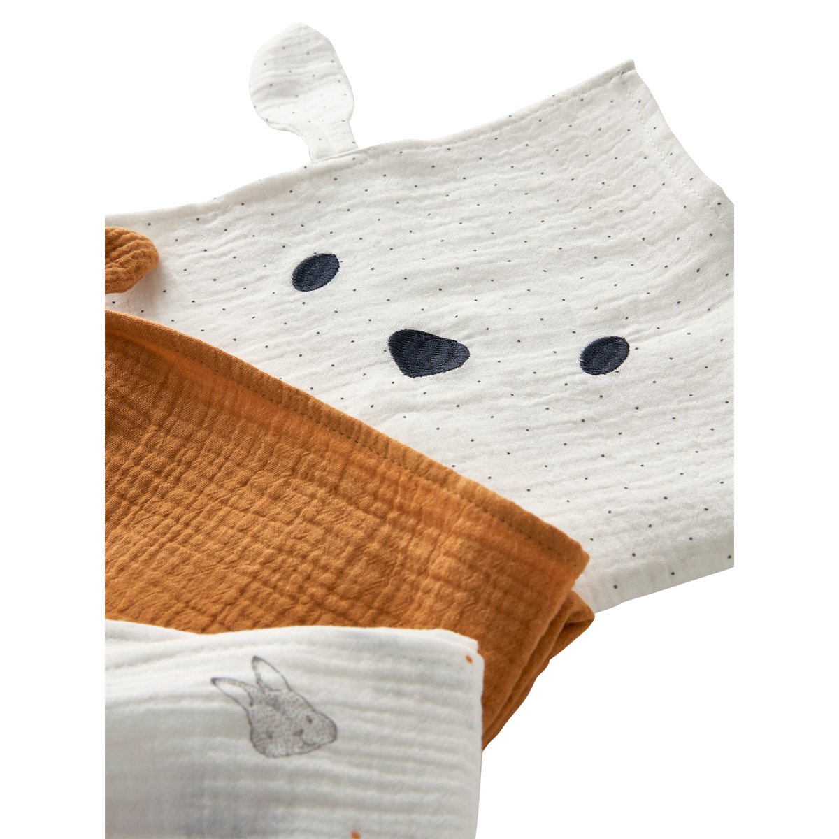 Lot de 3 langes JOUY STORY en gaze de coton bio* 2 écrus imprimés + 1 uni caramel, VERTBAUDET