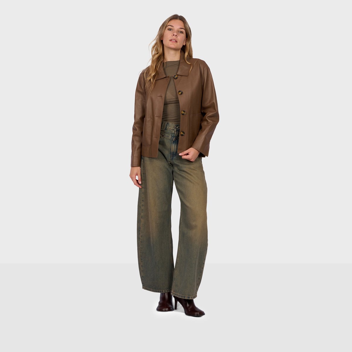 Veste en cuir à col chemise HOUSTON marron clair, OAKWOOD