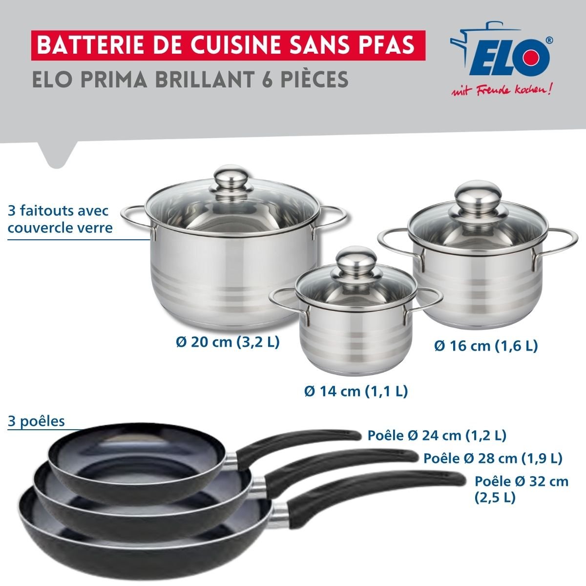 3 poêles 24/28/32cm + 3 faitouts 14/16/20cm PRIMA BRILLANT noir, ELO