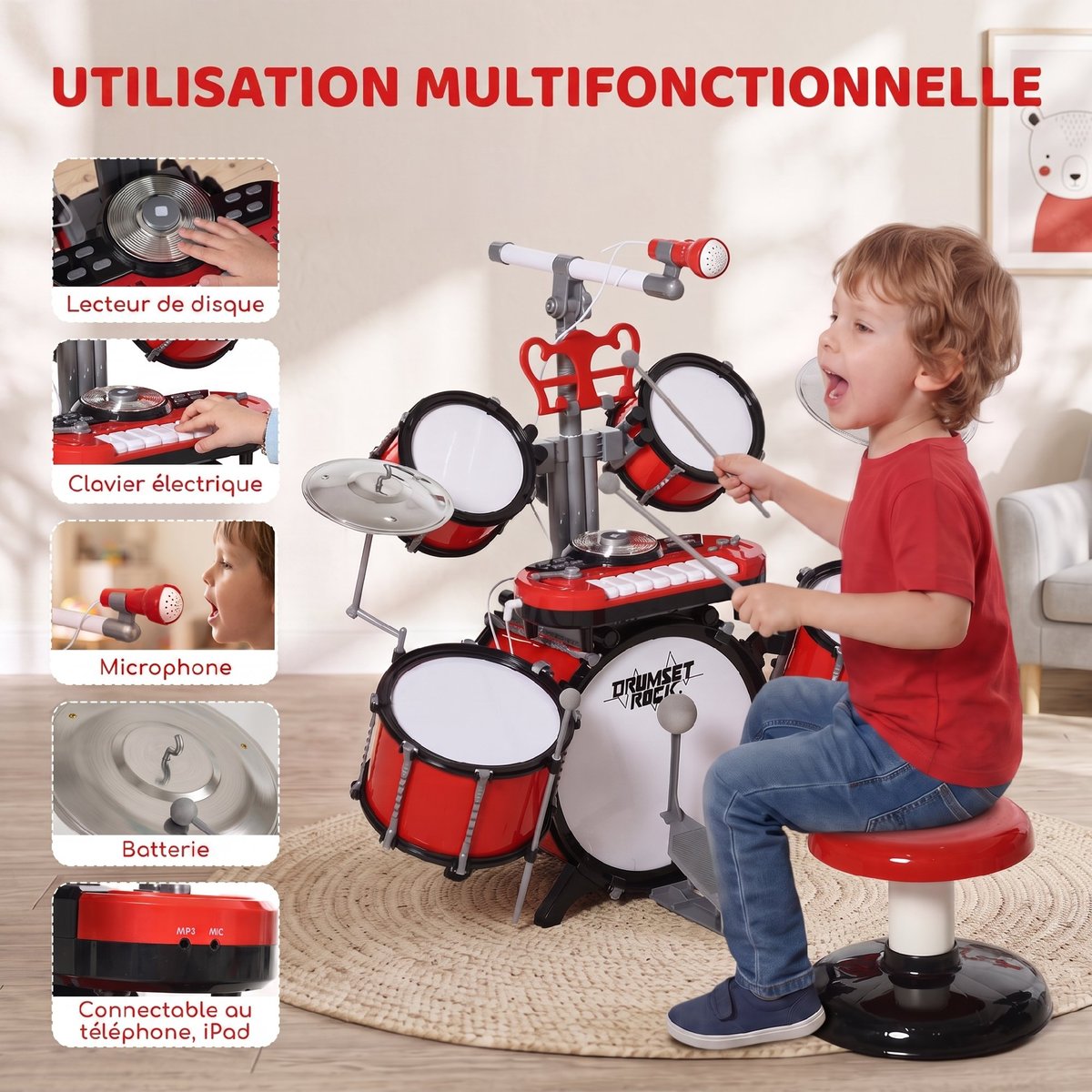 Batterie pour enfants ABS Rouge rouge, HOMCOM
