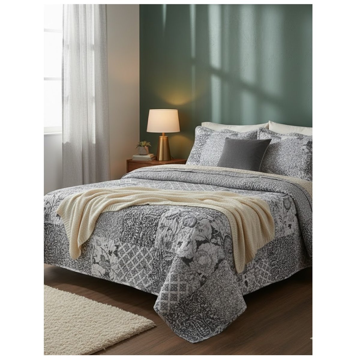 Couvre lit + taies floral Octavie gris, EDEN