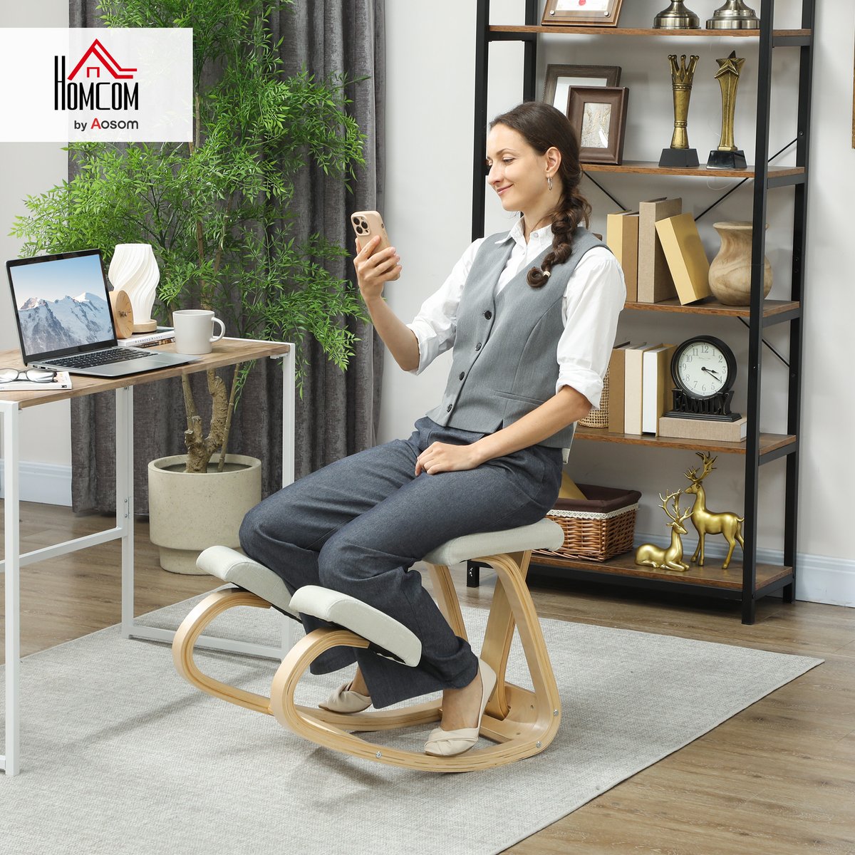 Chaise à genoux Bois de bouleau Crème crème, HOMCOM