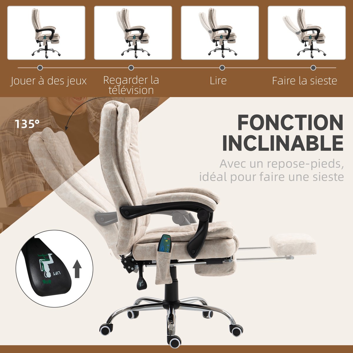Fauteuil de bureau avec fonction massage crème, HOMCOM