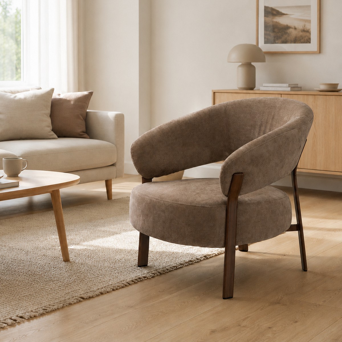 Fauteuil en tissu beige pieds effet noyer LIV beige, CALICOSY