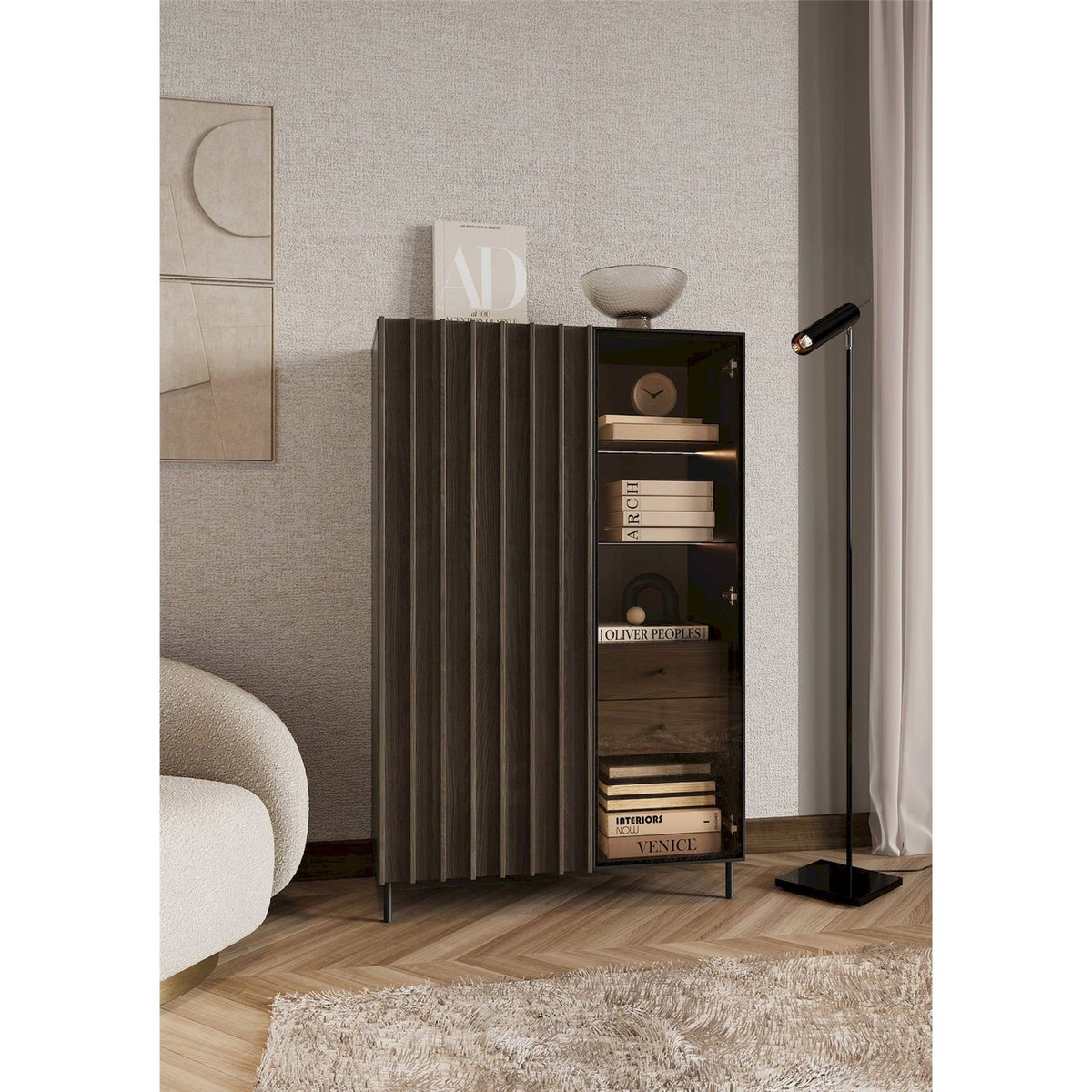Vitrine 2 portes collection PIEMONTE avec LED frêne portland et noir, RECOLLECTION