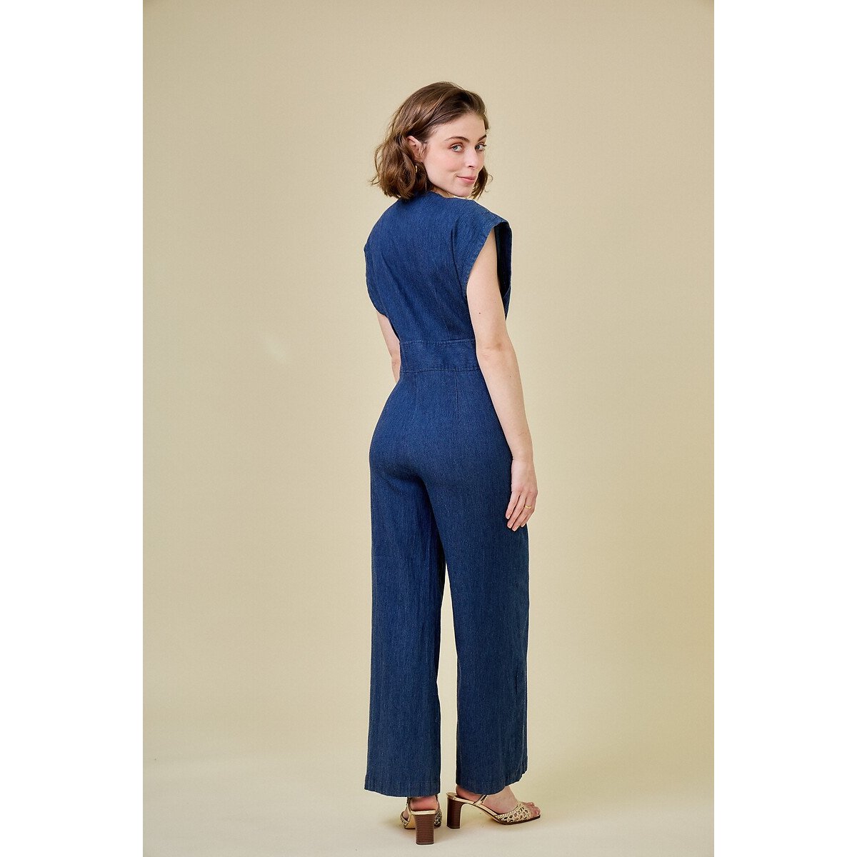 Short-Sleeved Denim V-Neck Jumpsuit dark denim blue , SEE U SOON