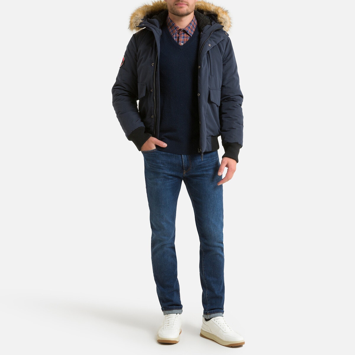 Blouson bomber chaud zippé à capuche Everest bleu marine, SUPERDRY