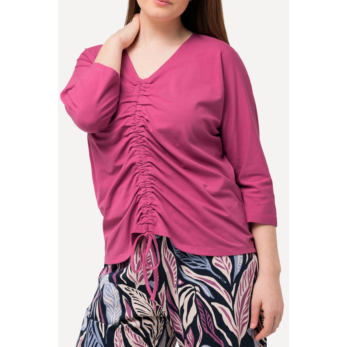 T-shirt col en V et manches 3/4, coton bio fuchsia, ULLA POPKEN
