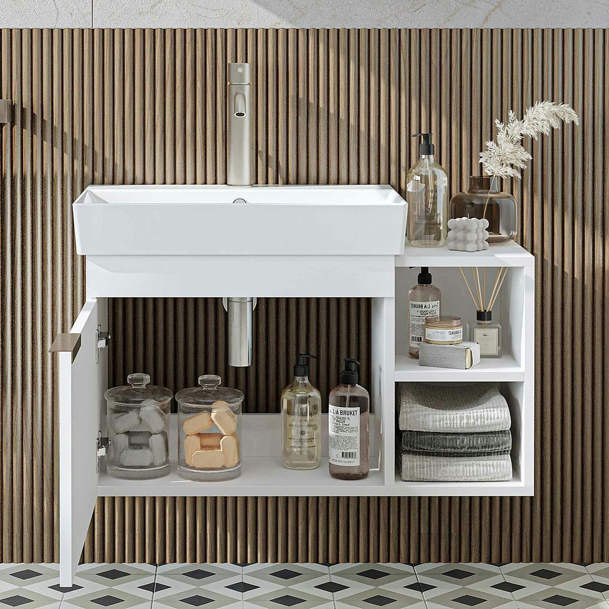 Meuble vasque suspendu 82 cm, 1 porte 2 niches NORIA blanc, PIER IMPORT
