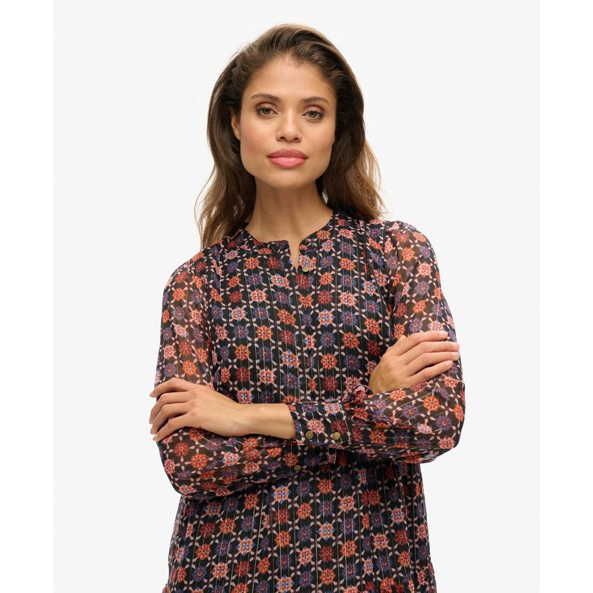 Robe courte à manches longues et volants imprimé floral géométrique, SUPERDRY