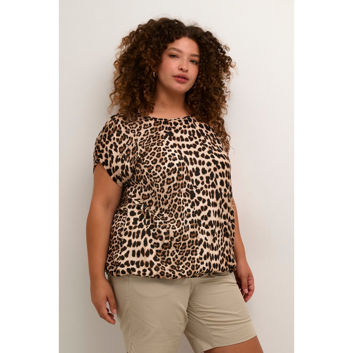 Blouse à manches courtes beige marron noir animalier leopard, KAFFE CURVE