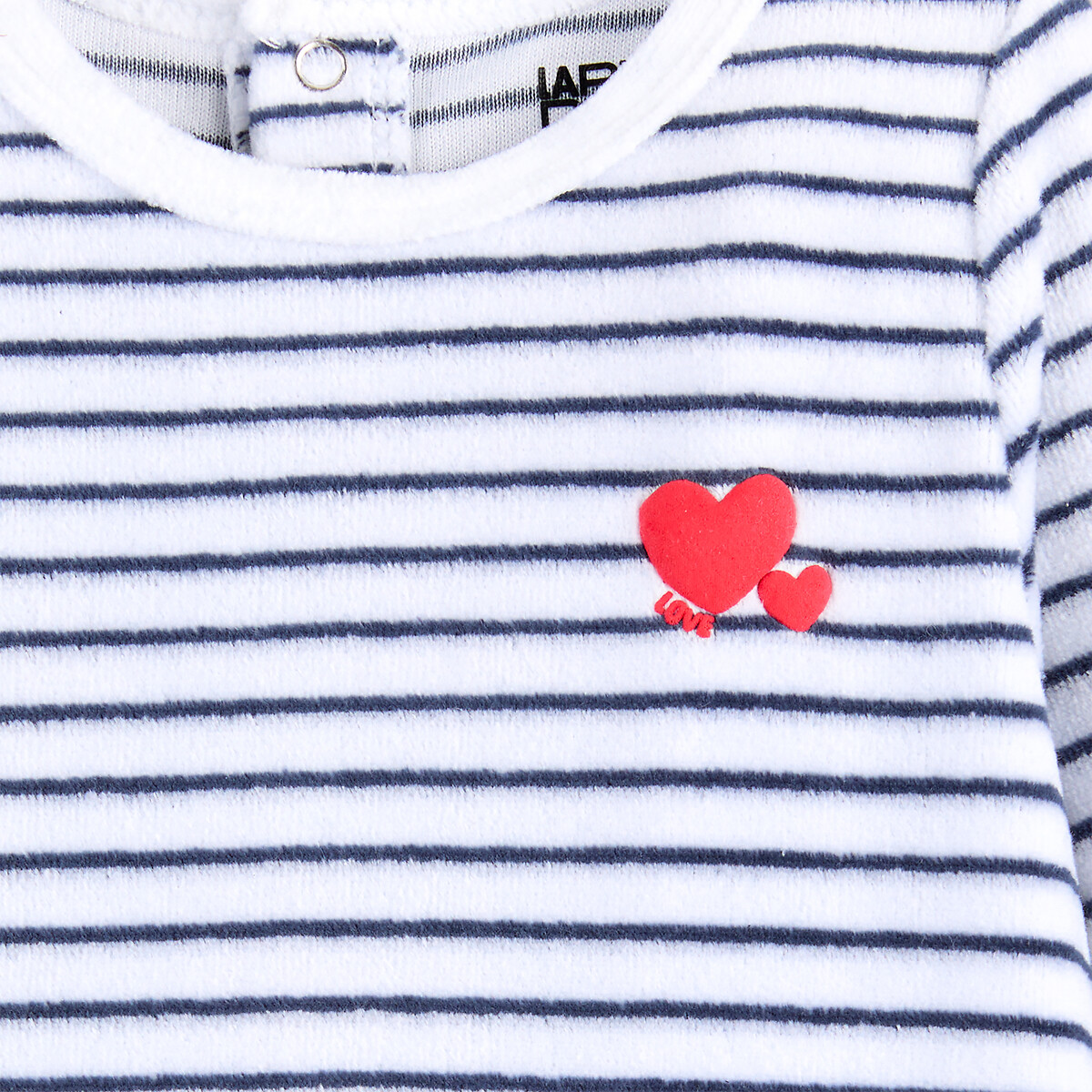 Lote de 2 pijamas de una sola pieza, con pies, de terciopelo, estampados con motivos de corazones y azul marino/crudo/rojo, LA REDOUTE COLLECTIONS