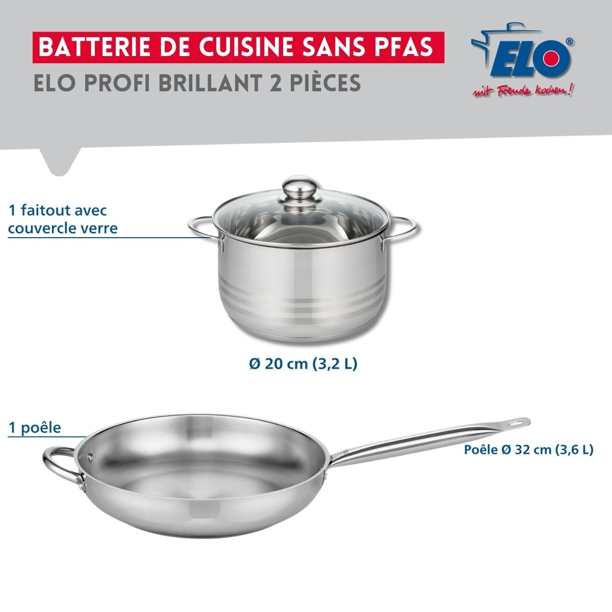 Batterie de cuisine 1 poêle 32cm + 1 faitout 20cm PROFI BRILLANT gris, ELO
