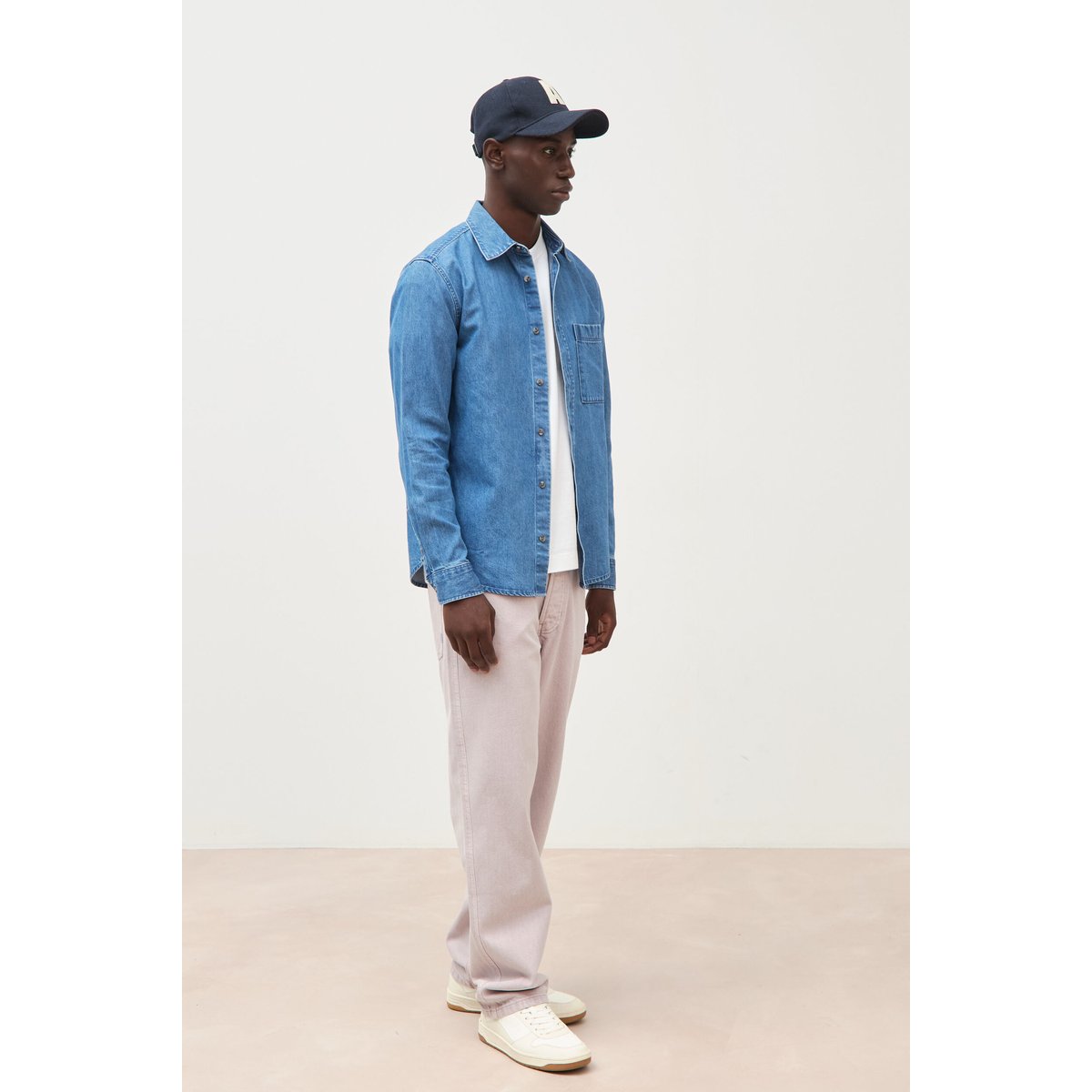 Chemise col américain manches longues denim stone, BONOBO