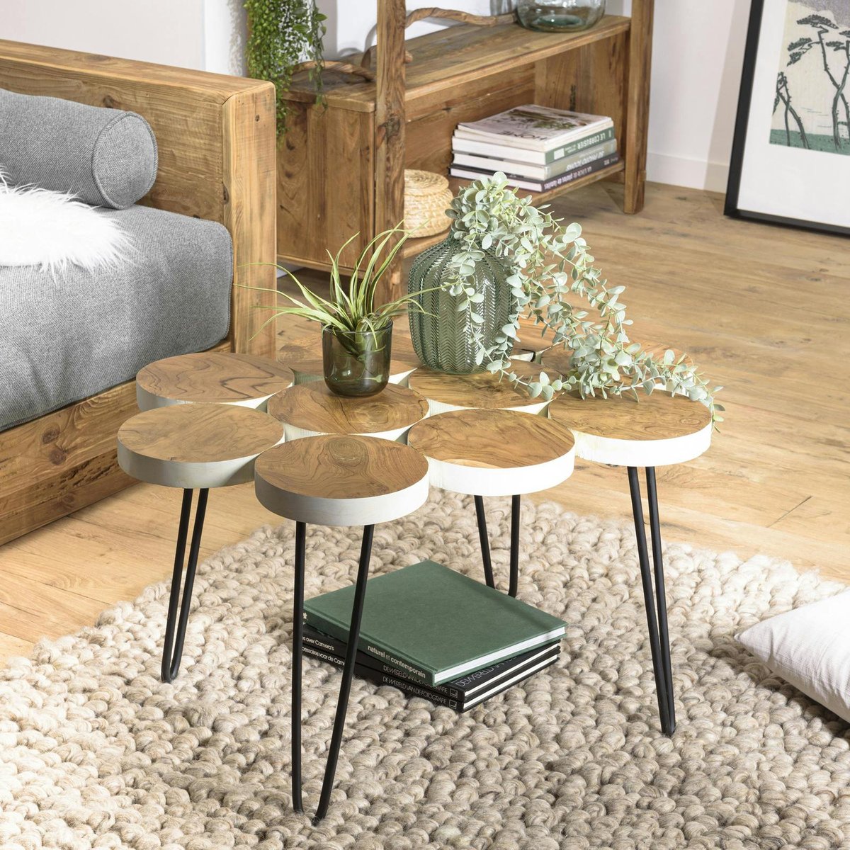 Table basse rondelles en teck recyclé 80 cm bois naturel, PIER IMPORT