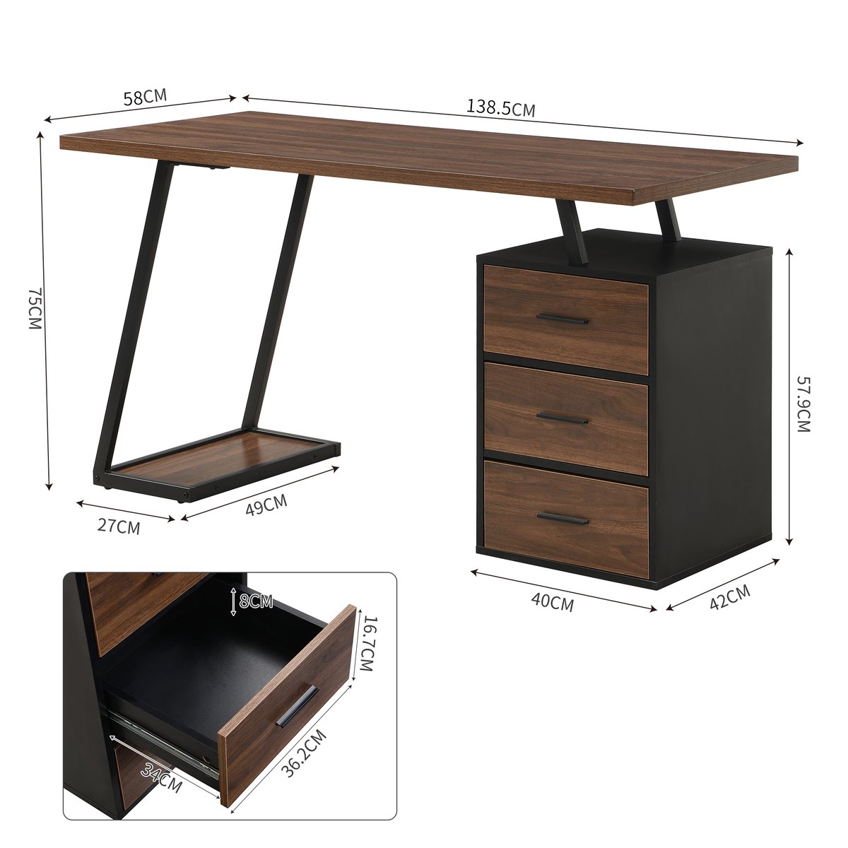 Bureau style industriel avec 3 tiroirs et 1 étagère intégrée, JO noyer, MEUBLES COSY