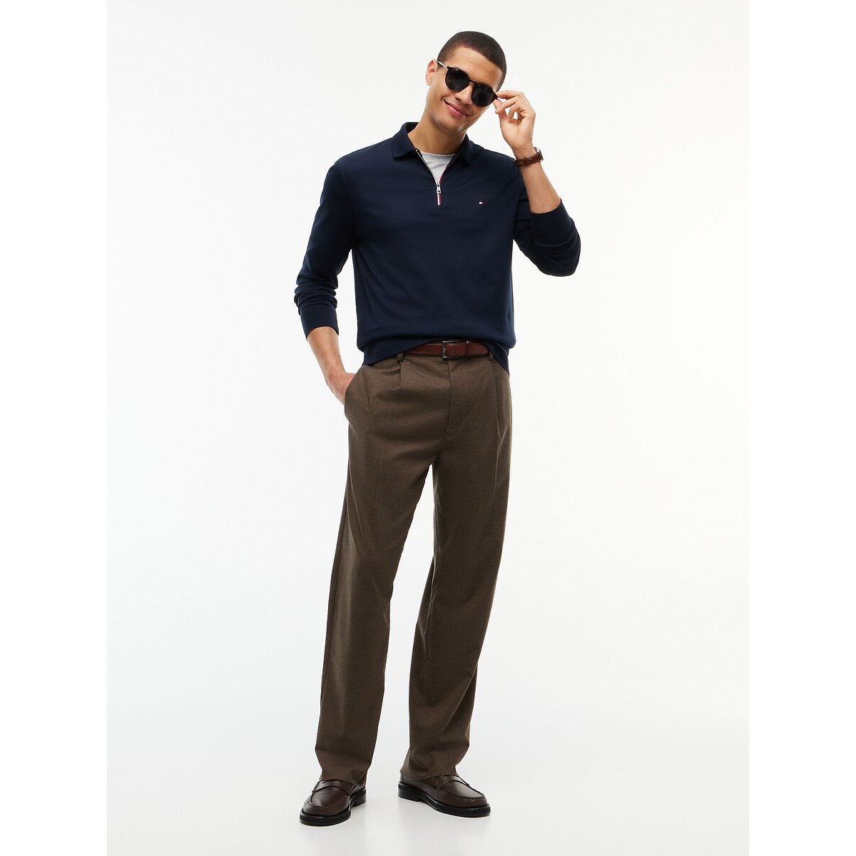Polo manches longues, demi-zippé, coupe regular bleu marine, TOMMY HILFIGER
