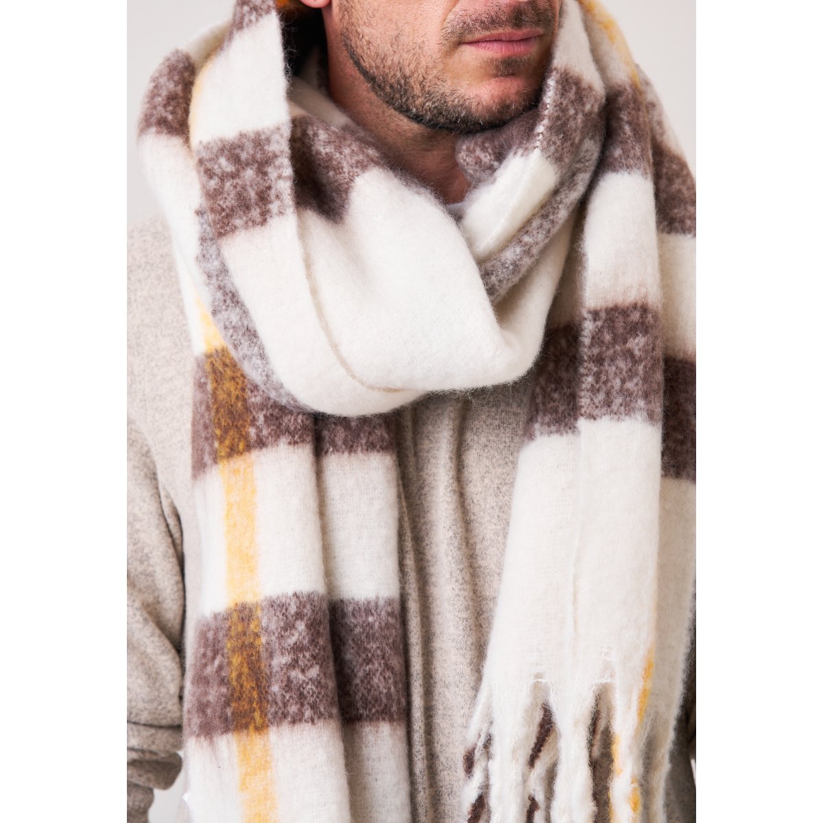 Écharpe homme à carreaux avec franges SOLANO natural, DEELUXE