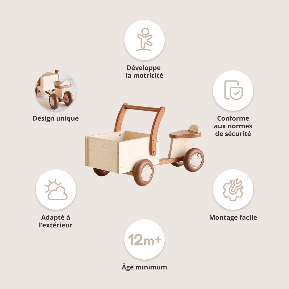 Tricycle draisienne  4-en-1 NOYER naturel, PETITE AMELIE