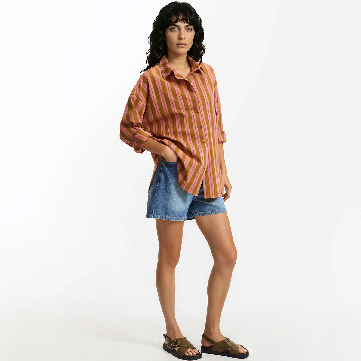 Chemise rayée ample en coton, Signature APOLLINE rayé rose/camel, LA REDOUTE COLLECTIONS