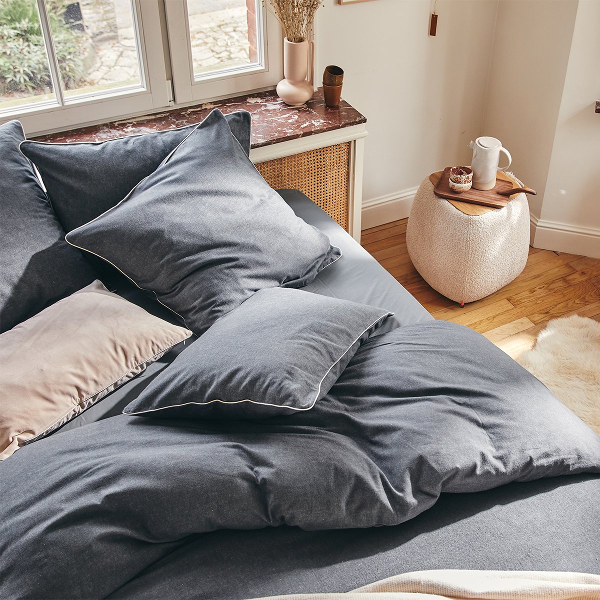 Drap plat uni en flanelle de coton, FRISSON gris anthracite, ESSIX