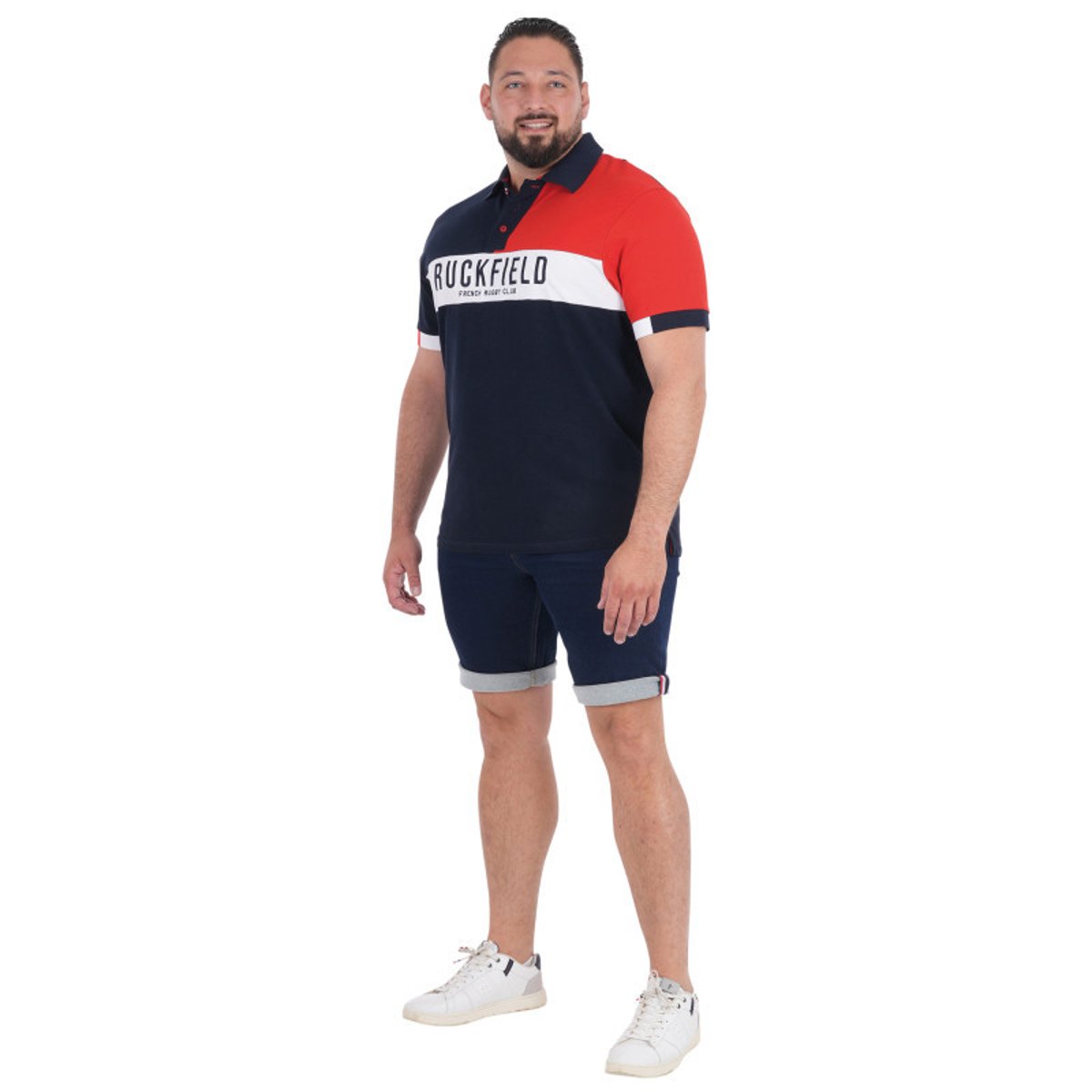 Polo en coton biologique marine uni pourvu d'un col boutonné bleu foncé, RUCKFIELD