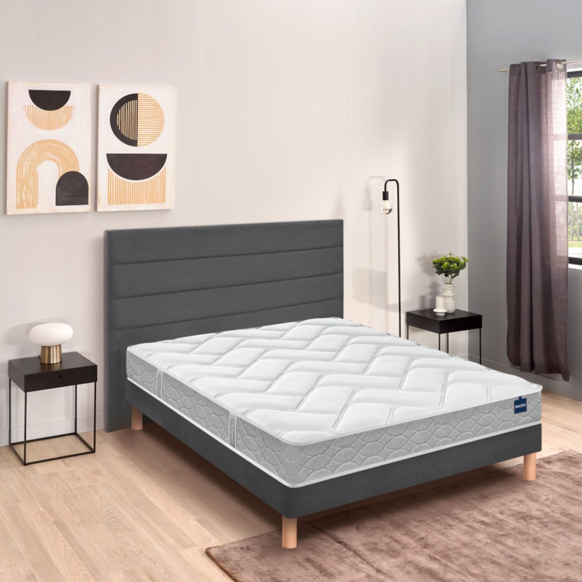 Ensemble matelas nano REGULAR, sommier VIGOROSO gris fumé et pieds blanc, BULTEX