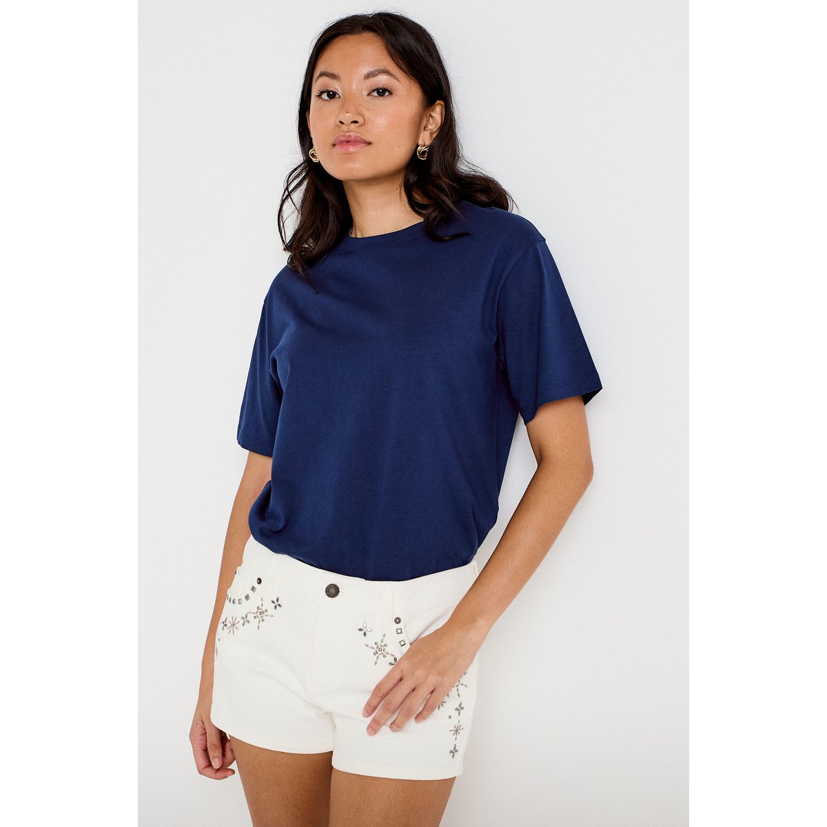 Short en jean avec broderie ecru, CACHE CACHE