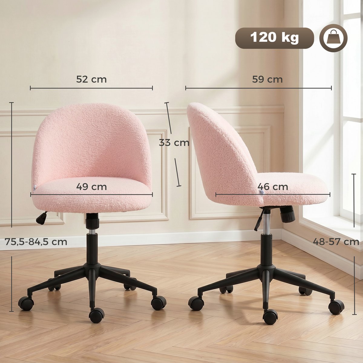 Chaise de bureau Polaire Teddy (100% rose, HOMCOM