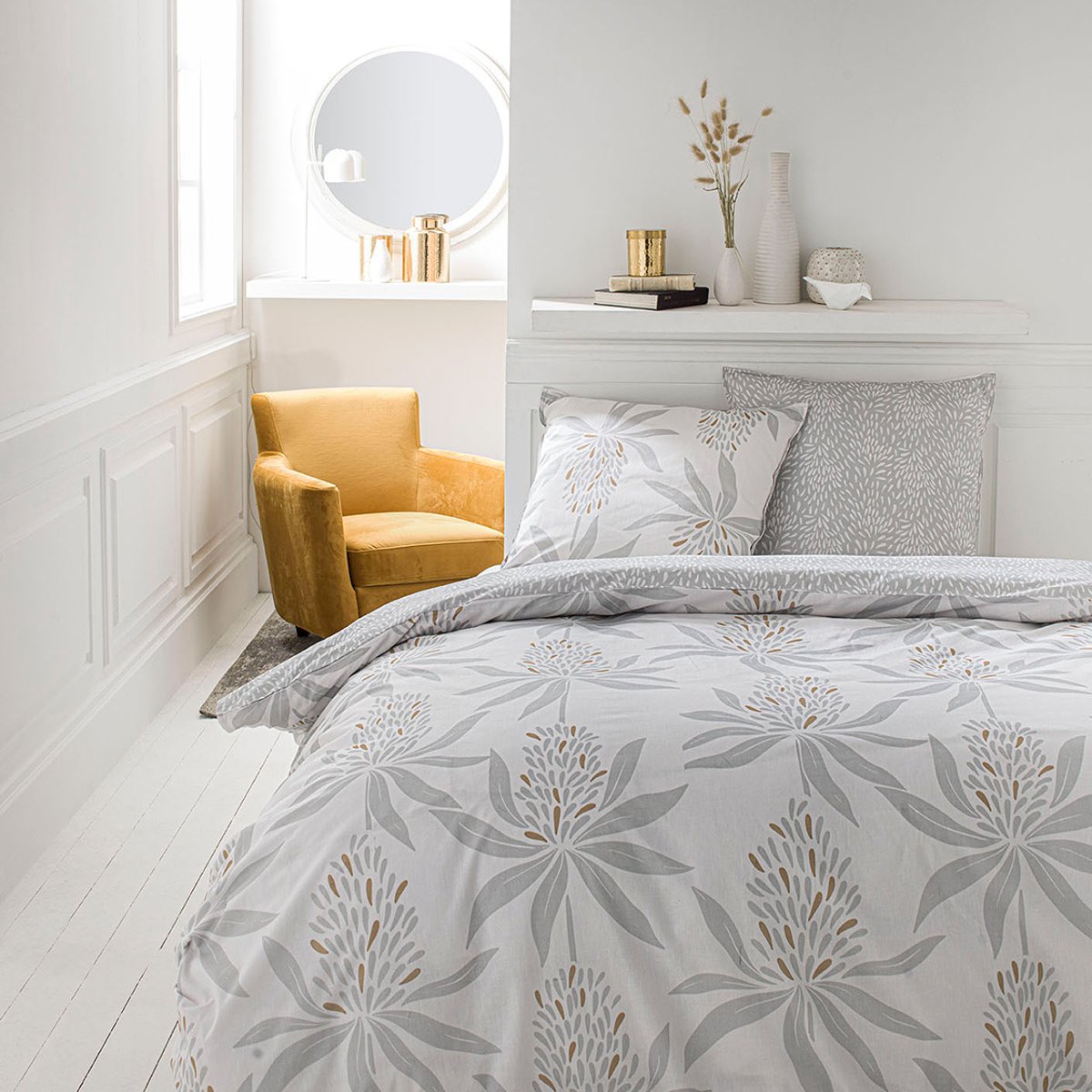 Parure de lit coton 2 personnes imprimé floral SUNSHINE blanc, TODAY
