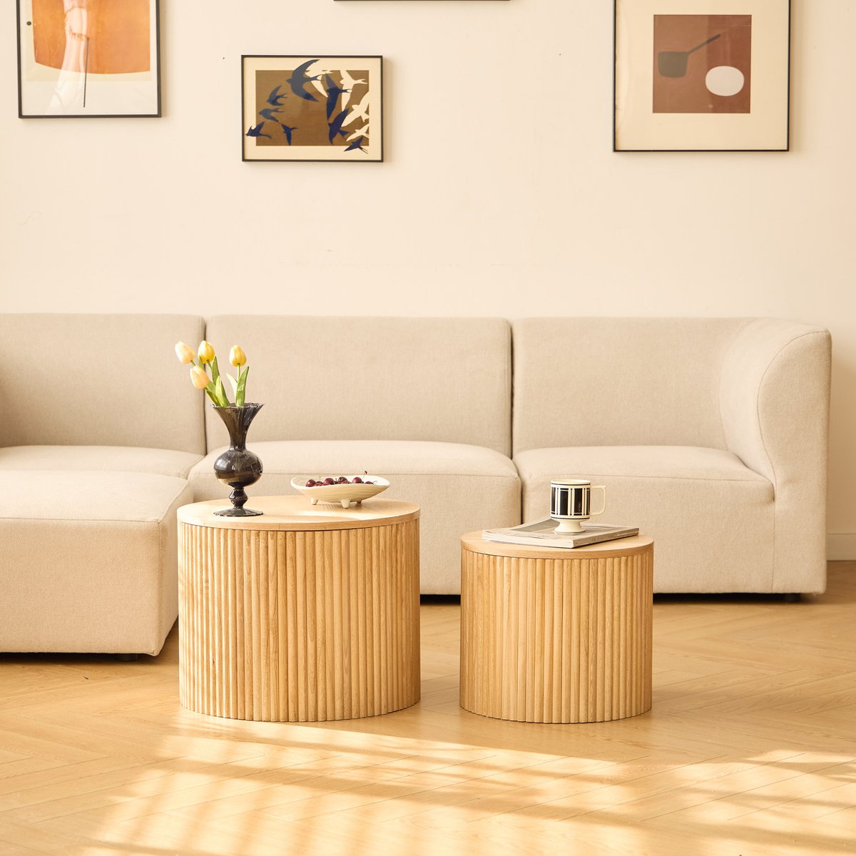Lot de 2 tables basses avec rangement, rondes, bois, YATOMI bois naturel, NORDLYS