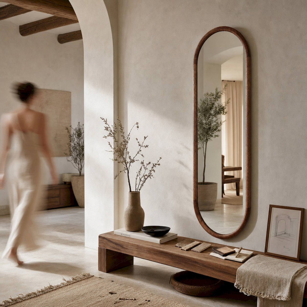 Miroir mural vertical arrondi en bois brun, RECOLLECTION