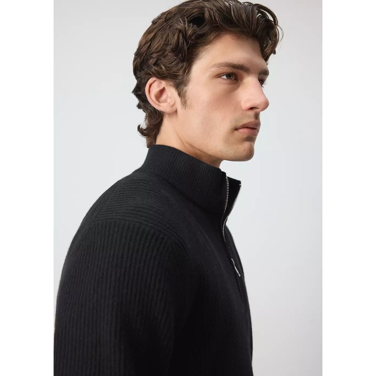 Pull-over zippé maille côtelée noir, MANGO MAN
